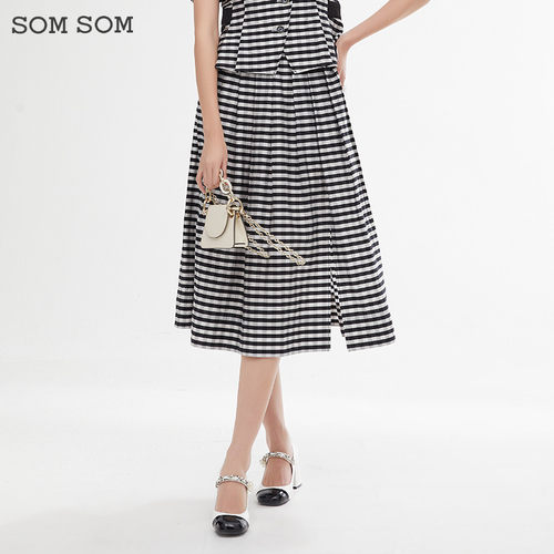 SOMSOM/索玛格子印花半身裙女夏季休闲百搭a字显瘦中长裙子