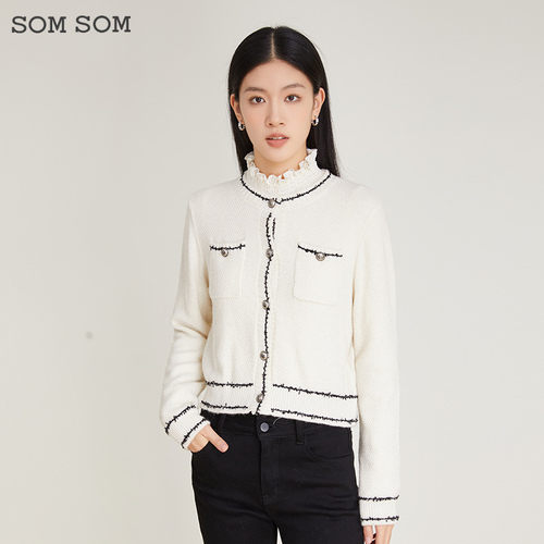 SOMSOM/索玛小香风毛织开衫女秋冬季舒适柔软通勤百搭绵羊毛上衣