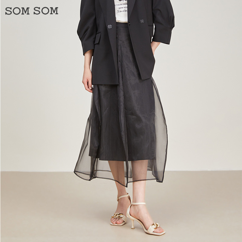 SOMSOM/索玛法式高腰显瘦纱裙中长款黑裙春夏A字半身裙百搭网纱裙