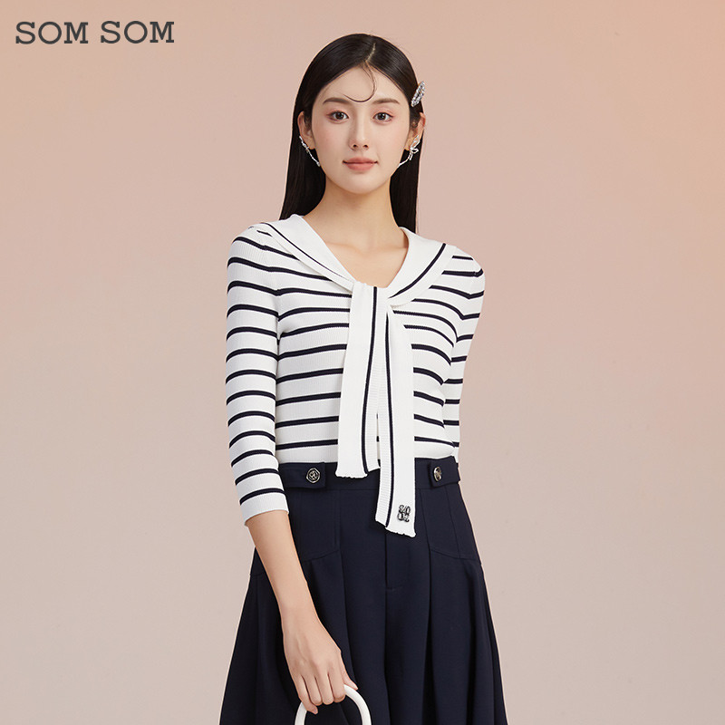 SOMSOM/索玛撞色条纹海军领长袖针织衫女法式洋气减龄设计感上衣