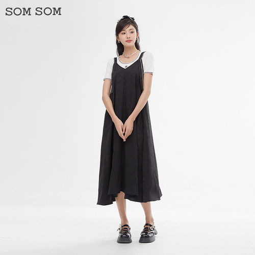 SOMSOM/索玛复古吊带连衣裙女夏季气质V领不规则无袖雪纺中长裙子