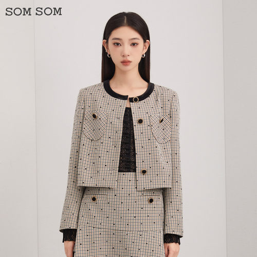 SOMSOM/索玛气质小香风外套女短款春秋法式宽松别致圆领百搭上衣