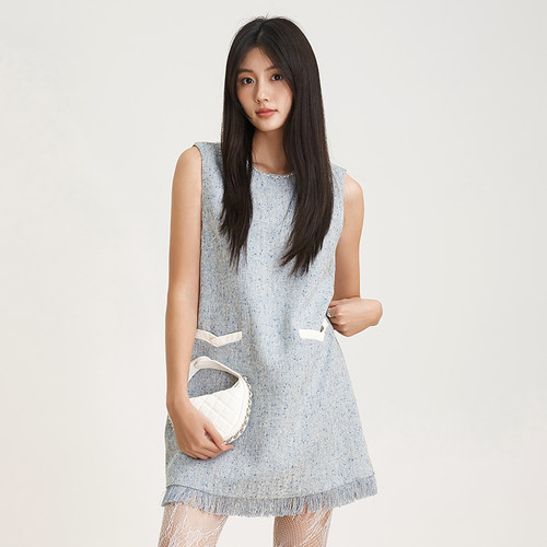 SOMSOM/索玛春季新款浅蓝色小香风无袖流苏下摆A字中长款半身裙