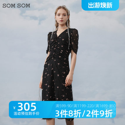 SOMSOM/索玛波点印花连衣裙气质中长款夏季V领短袖雪纺裙女22139