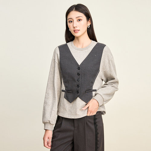 SOMSOM/索玛冬季新品假两件V领马甲复古明线设计感长袖卫衣针织衫