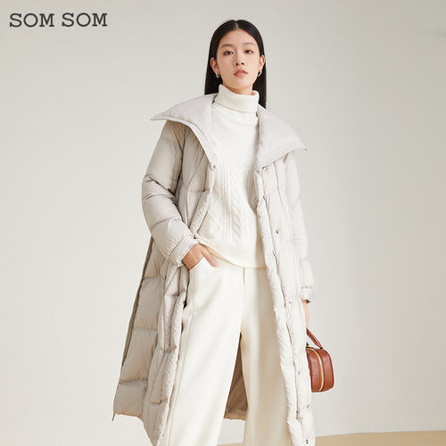 SOMSOM/索玛长款羽绒服女冬季加厚过膝鸭绒大翻领外套设计感上衣