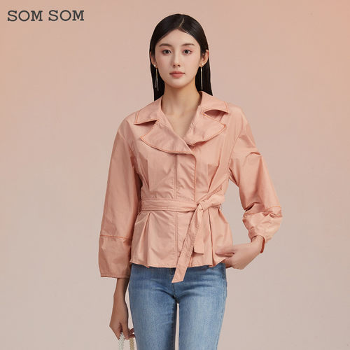 SOMSOM/索玛春季长袖西装领上衣气质收腰减龄设计感外套女