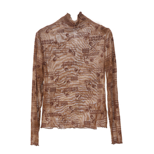 SOMSOM/索玛秋季新款复古做旧印花轻薄透中高领长袖上衣内搭