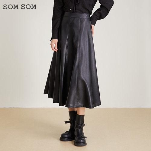SOMSOM/索玛高腰A字喇叭裙女秋冬季显瘦复古大摆半身裙高级感皮裙