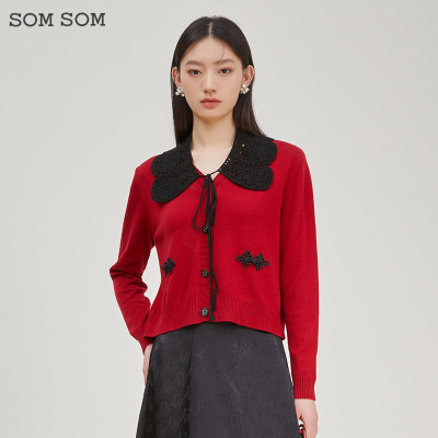 SOMSOM/索玛春季V领针织衫女短款上衣大红减龄百搭毛织衫开衫外套