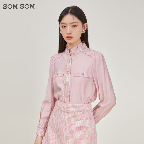 SOMSOM/索玛春季小香风女士长袖衬衫立领木耳边显瘦休闲减龄衬衣