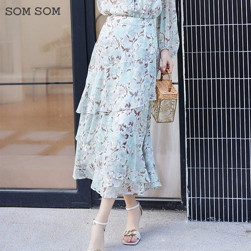 SOMSOM/索玛春季新款小清新碎花裙雪纺半身裙长裙子不规则