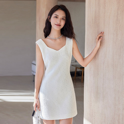 SOMSOM/索玛春季新品气质优雅小香风收腰背后蝴蝶结无袖连衣裙