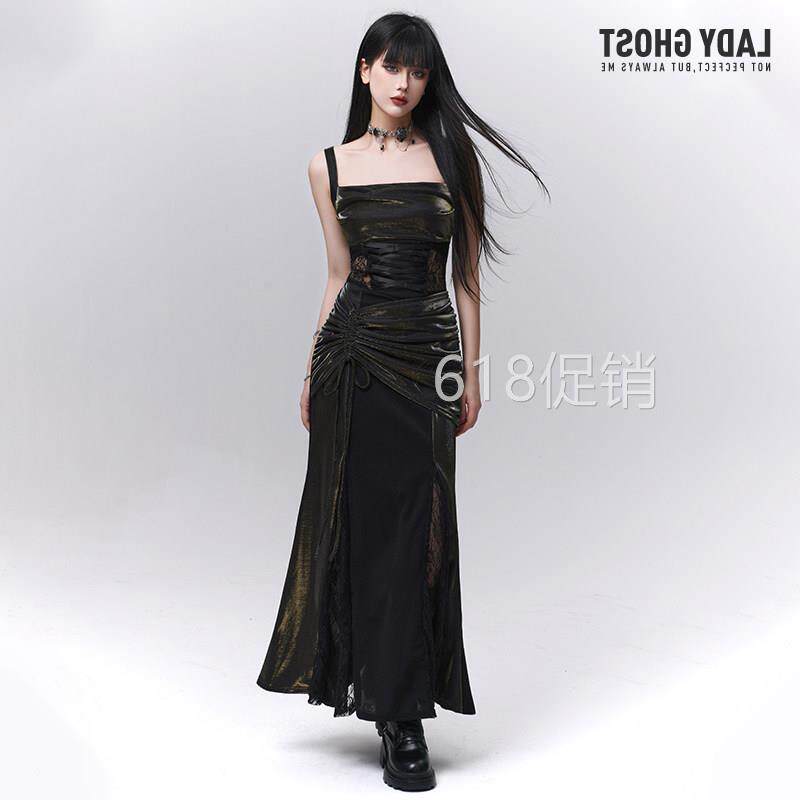 幽灵少女御姐吊带洋装黑色长裙子生日party轻礼服裙演唱会穿搭