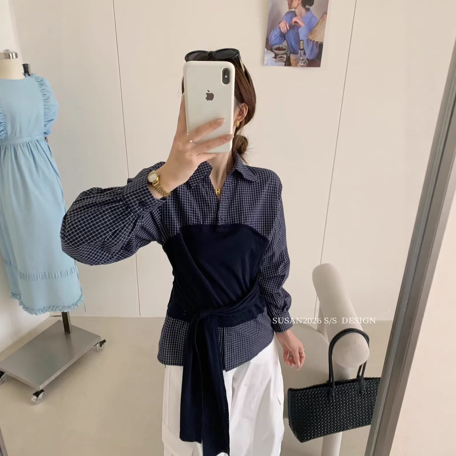 气质领假两件拼接长袖格子衬衫女春夏新品感绑带收腰上衣26878