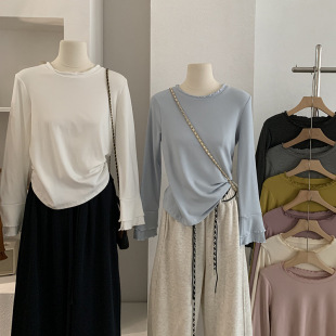 女冬季 T恤加绒打底衫 花边内搭上衣5501 双重木耳边圆领长袖 欧玛莱