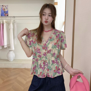 新款 蘇珊 女2025夏季 百搭別致短袖 韓系甜美V領(lǐng)碎花小衫 上衣25686