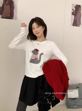 苏珊 韩版卡通可爱小猫2025秋冬新款长袖宽松T恤休闲上衣女1536S