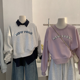 5775 套头卫衣实拍女 欧玛莱 毛巾绣英文字母加绒加厚圆领宽松长袖