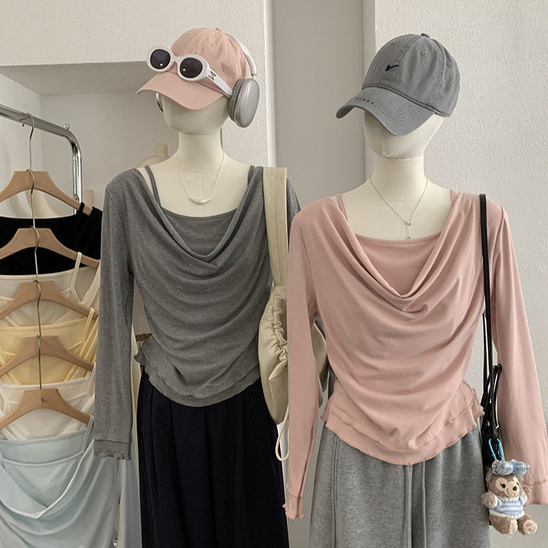 欧玛莱 吊带荡领假两件收腰抽绳木耳边长袖T恤女早春新款上衣6221,女装/女士精品,T恤,淘宝优惠券,粉丝福利购,淘宝优惠卷