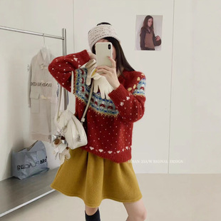 宽松百搭上衣2091S 秋冬新款 苏珊 复古费尔岛提花红色毛衣女韩版