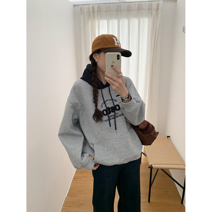 黄峥美式拼色绣花连帽外套卫衣女秋冬减龄宽松长袖帽衫上衣541084,女装/女士精品,卫衣/绒衫,淘宝优惠券,粉丝福利购,淘宝优惠卷