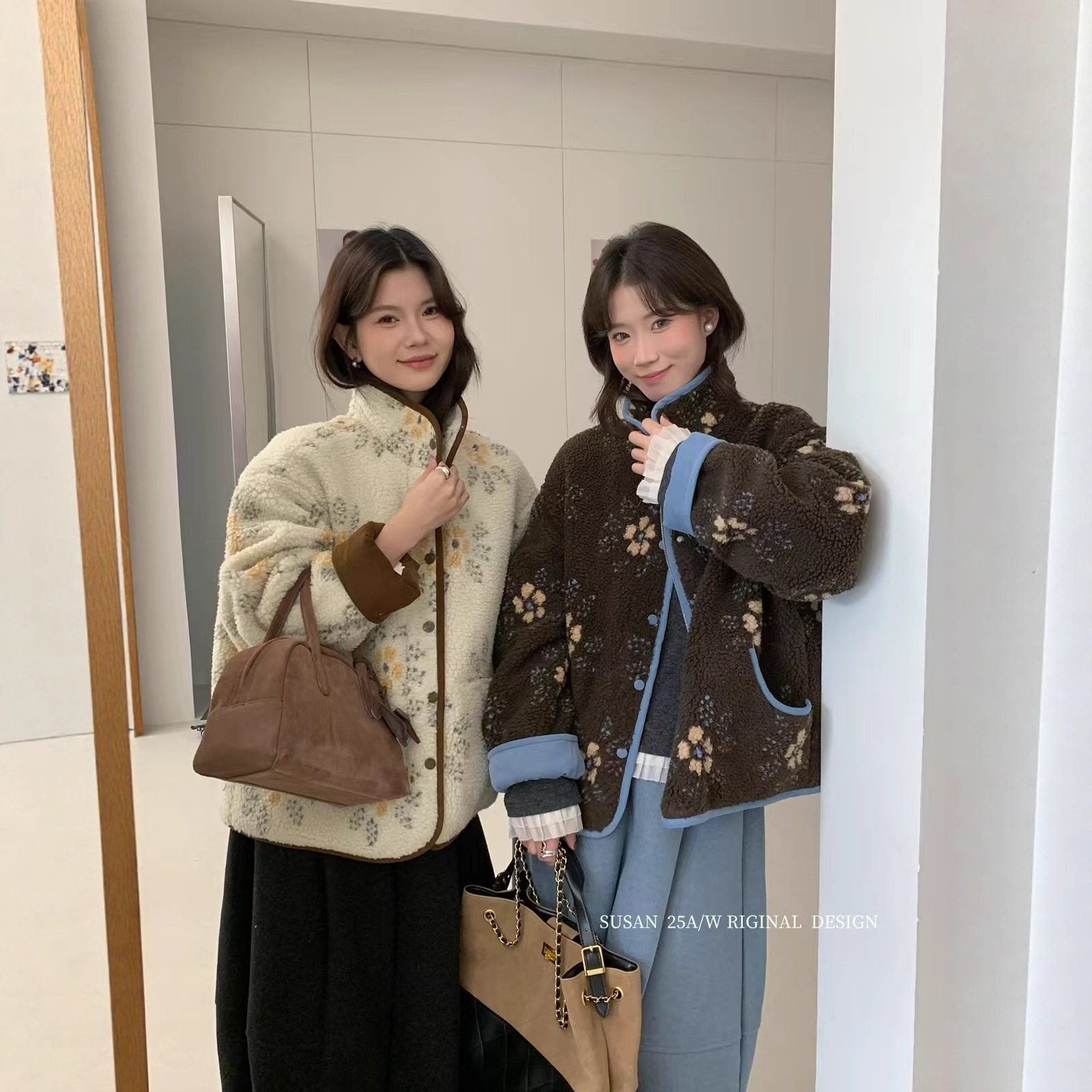 苏珊 韩系设计感花朵羊羔棉服外套女秋冬慵懒风宽松减龄上衣