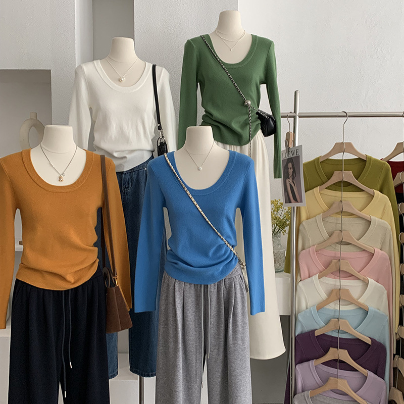 欧玛莱 大U领露锁骨软糯纯色修身显瘦长袖针织打底衫上衣实拍5150