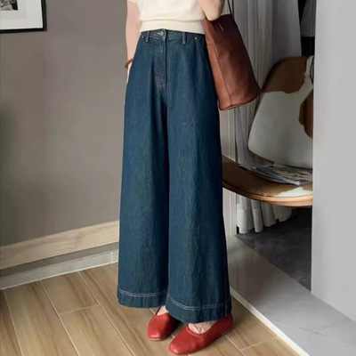 复古普洗蓝直筒牛仔裤女夏季款高腰宽松百搭小个子九分阔腿奶奶