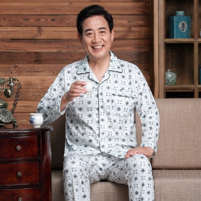 中老年长袖长裤睡衣男春秋夏装5060岁爸爸休闲开衫开尿口父亲衣服