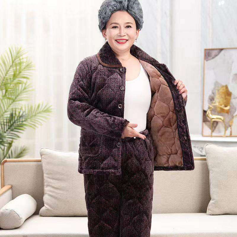 老人加绒加厚睡衣女冬装翻领棉袄