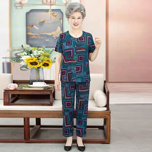 九分裤 短袖 纯棉绸婆婆妈妈外穿睡衣女透气吸汗宽松 夏装 中老年女装