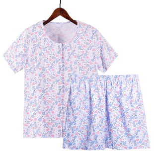 婆婆外穿睡衣女短袖 妈妈开衫 短裤 中老年纯棉女装 衣服 宽松大码 夏季