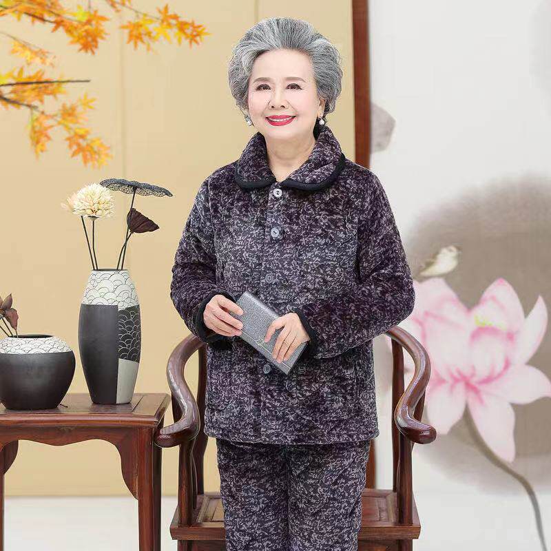 老人珊瑚绒棉袄外套女两件套宽松