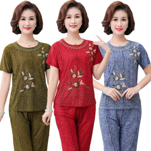 九分裤 短袖 老人薄款 家居服老太太时尚 奶奶装 t恤衫 睡衣女冰丝夏装