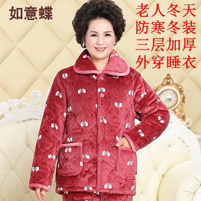 中年妇女三层加厚外套棉袄法兰绒