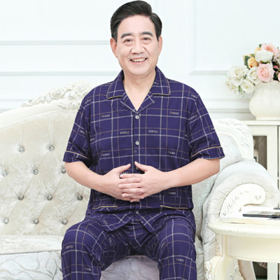 爷爷夏天短袖套装睡衣男老人开衫翻领T恤舒适爸爸纯棉休闲装外穿
