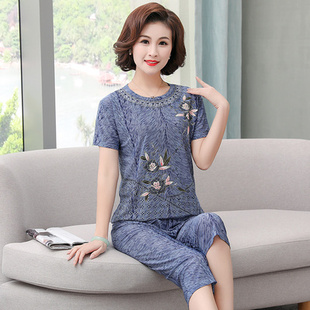 九分裤 短袖 奶奶套头家居服外穿出门 冰丝睡衣女老太太薄款 老人夏装