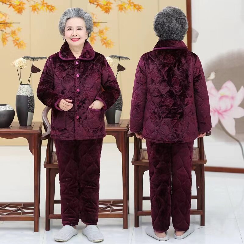 秋冬季妈妈三层加厚家居服睡衣女
