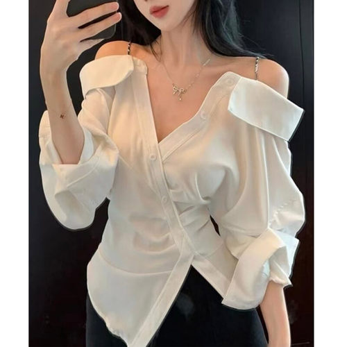 不规则v领白色衬衫女设计感小众秋季一字肩上衣高级感巨好看衬衣