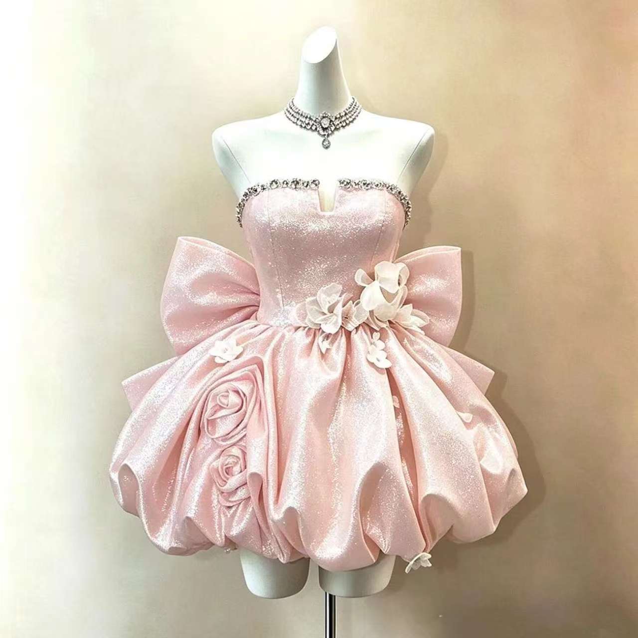 跨境粉色缎面抹胸短款礼服生日甜礼服/晚装