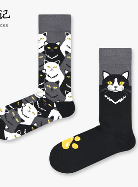 袜子男女ins潮秋冬季中筒袜AB不对称鸳鸯袜黑色猫咪卡通个性长袜