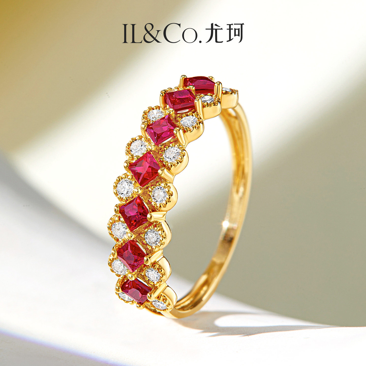 ILCO尤珂 「浪漫蔷薇」天然红宝石戒指18K金钻石宝石镶嵌蕾丝排戒