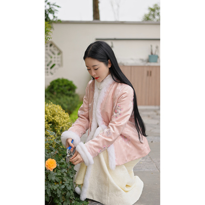 【桃映雪】秋冬粉色新中式国风提花毛边保暖短款棉服