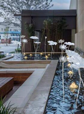 不锈钢荷花铁艺荷叶雕塑落地摆件酒店庭院水池水景金属软装装饰品