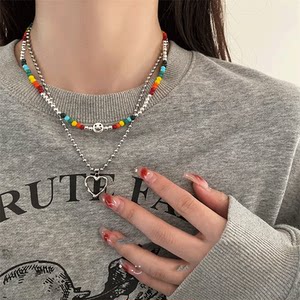 SRRMHYN层叠笑脸爱心项链嘻哈