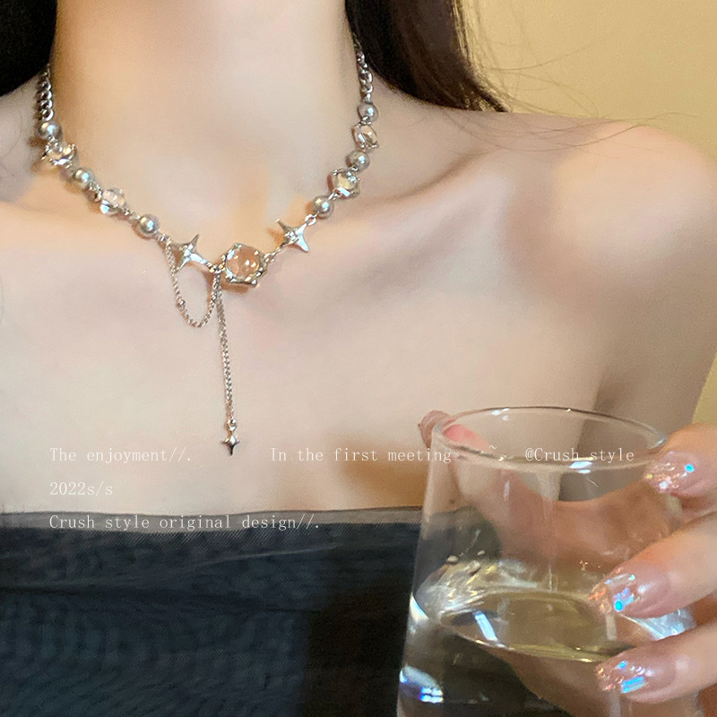 srrmhyn月光锆石十字架流苏项链女嘻哈风辣妹拼接配饰2024年新款