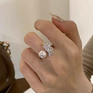 闪钻树叶珍珠戒指女小众设计轻奢高级感食指戒冷淡风指环