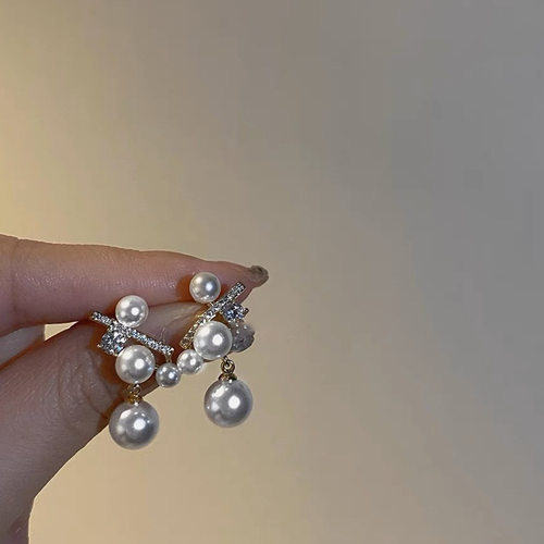 srrmhyn新款珍珠闪闪锆石耳环