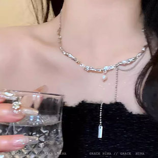 冷性风 不规则液态锁骨链轻奢小众项链女士气质珍珠颈链2024新款